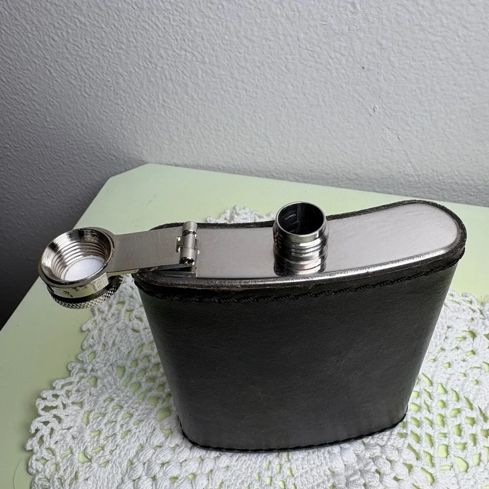 Vintage Unbranded Hip Flask Stainless Steel Faux Leather 7oz